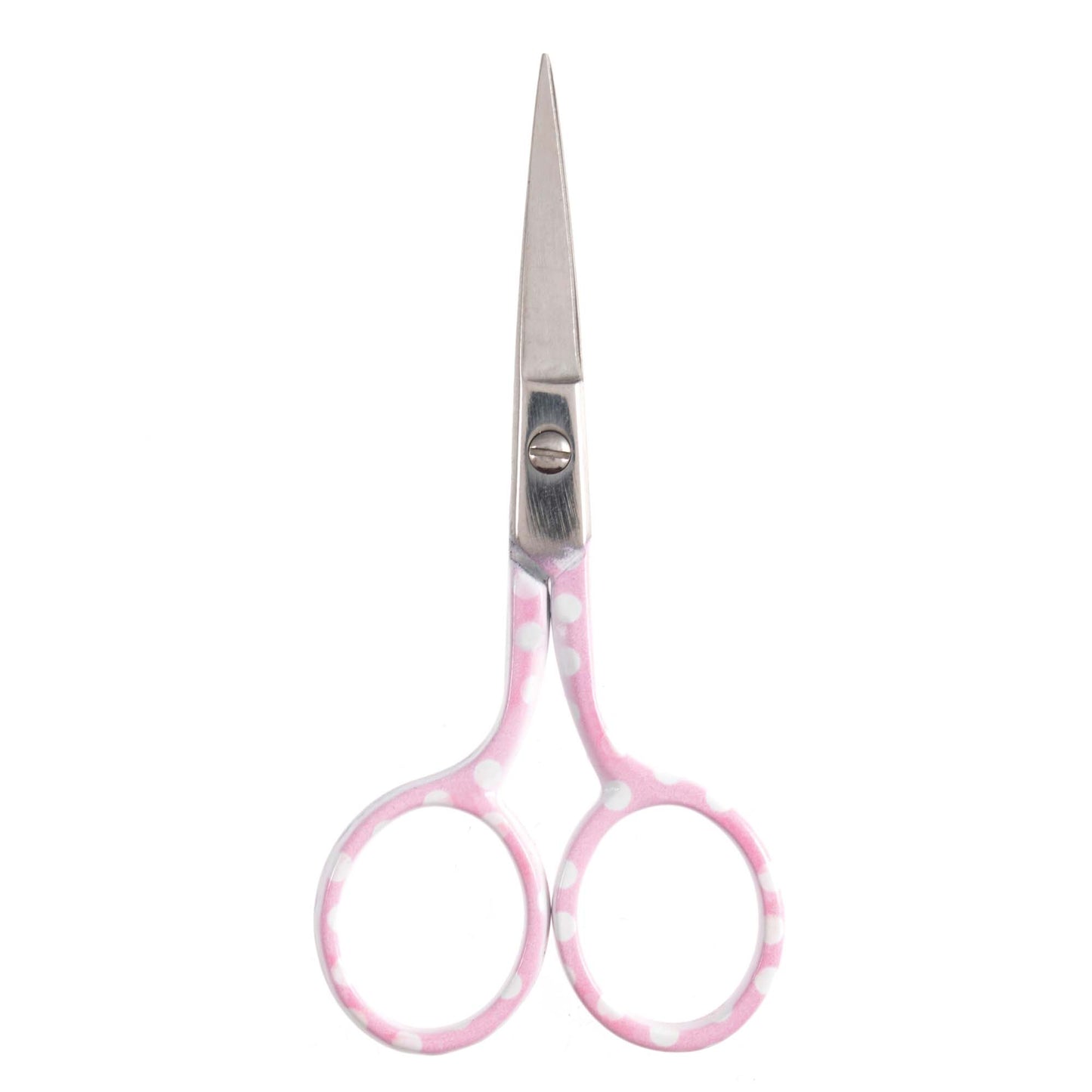 Pink-handled scissors on a white background