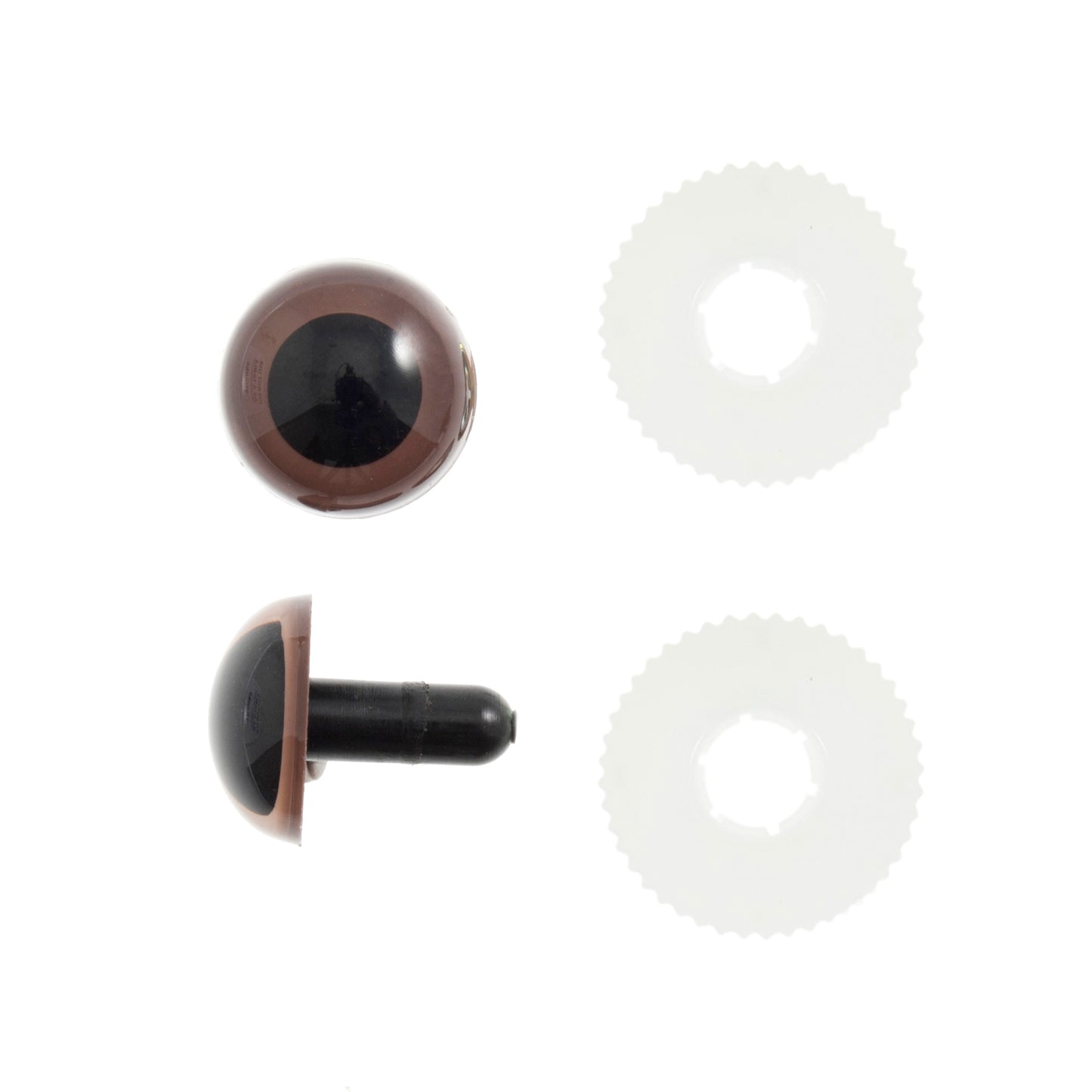 A set of brown safety eyes for toys, including washers for attachment, displayed on a white background.