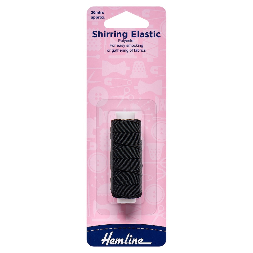 Packaging of Hemline Shirring Elastic, primarily black in color, with a length of 20 meters, designed for easy smocking.