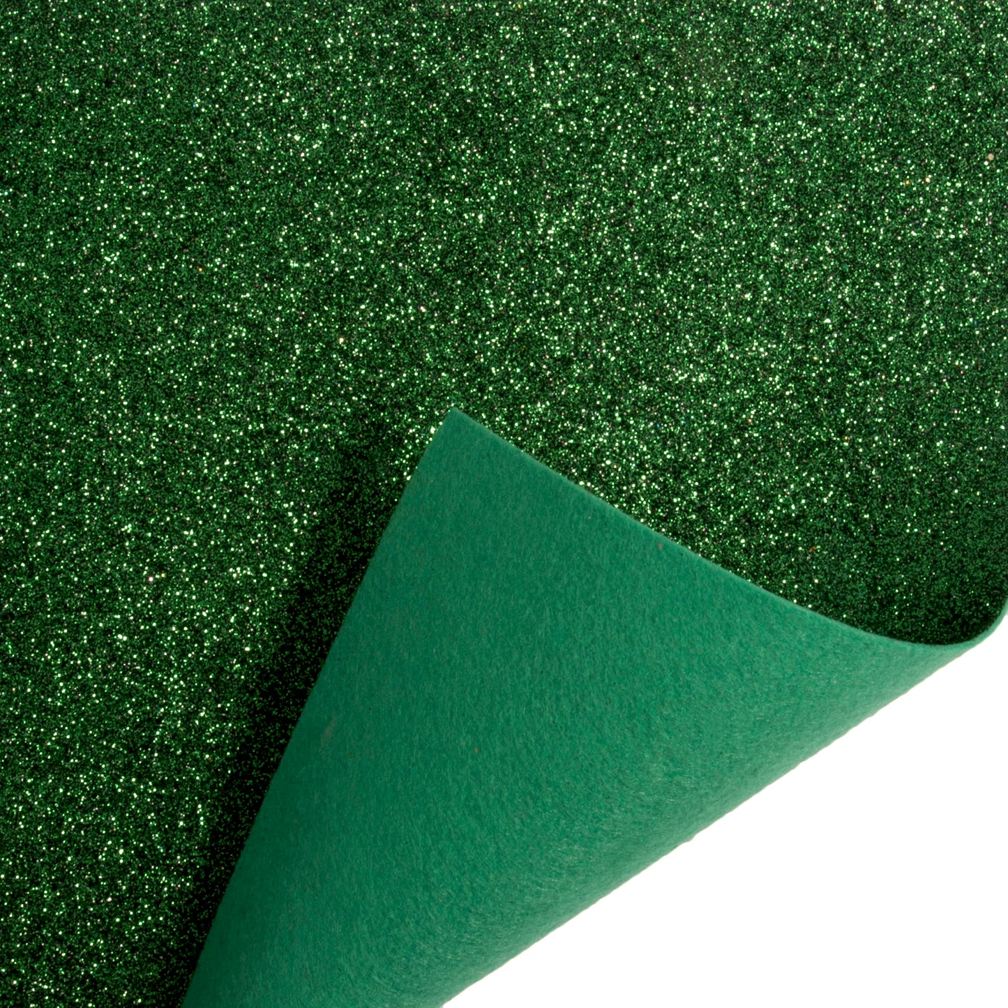 A piece of emerald green glittery felt, showing the texture and color.