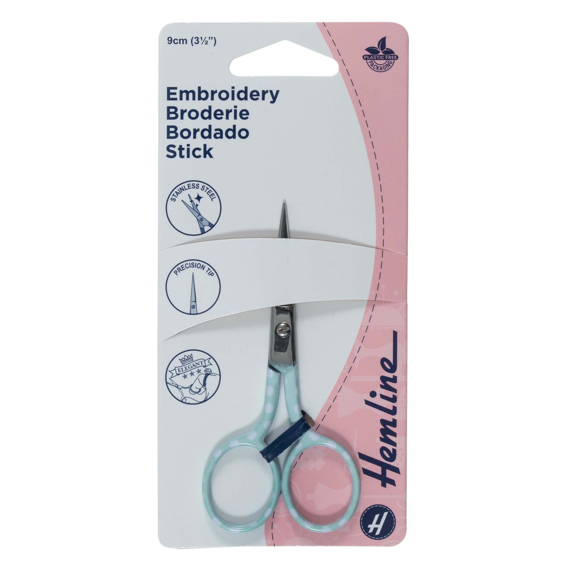 Pair of pale blue polka dot embroidery scissors in packaging with 'Hemline' branding on a white background