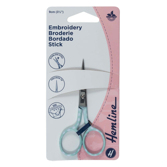 Pair of pale blue polka dot embroidery scissors in packaging with 'Hemline' branding on a white background