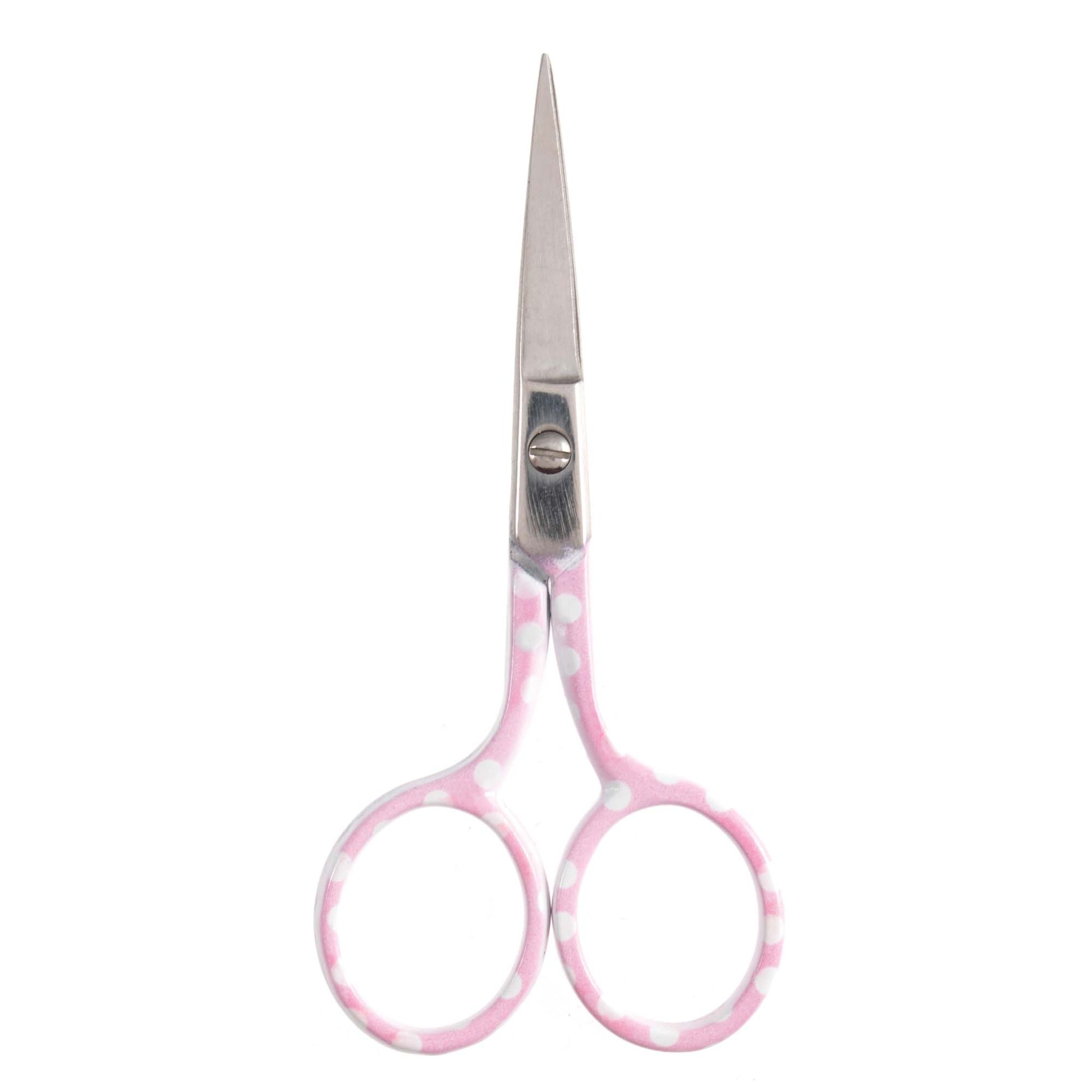 Pink-handled scissors on a white background