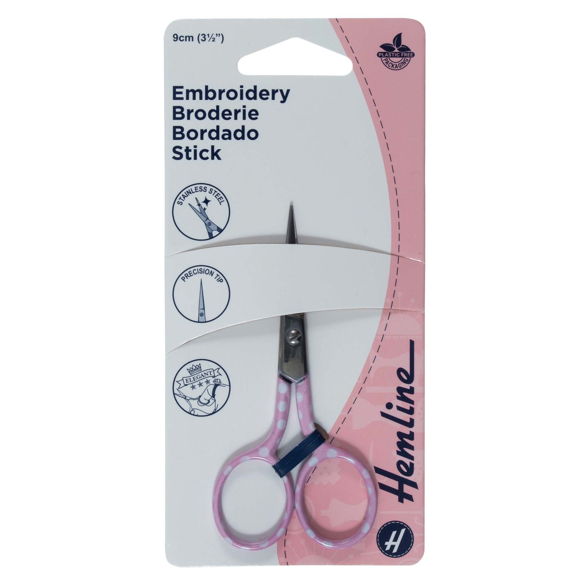 Pink polka dot embroidery scissors in packaging with 'Hemline' branding on a white background