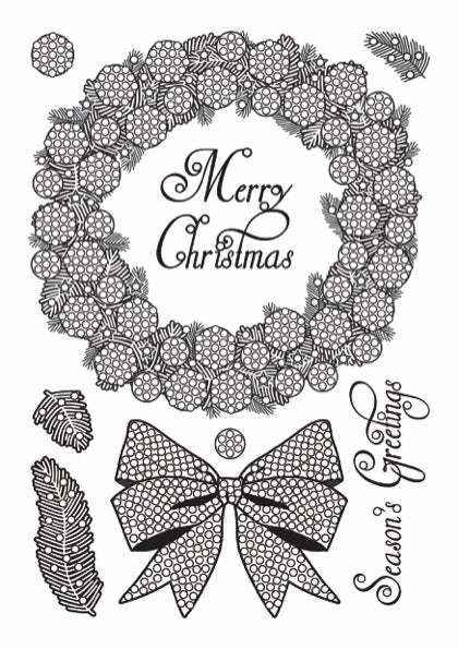 Black and white Christmas wreath and bow design with 'Merry Christmas' and 'Season's Greetings' text.