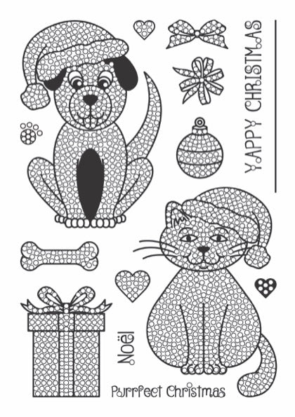 Christmas-themed coloring page with a dog, cat, gift, and ornaments.