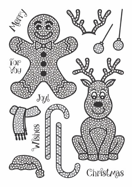 Black and white Christmas-themed stamps featuring a gingerbread man, reindeer, candy cane, and turtle.