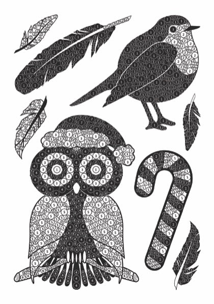 Black and white illustration of an owl, bird, and feathers on a white background