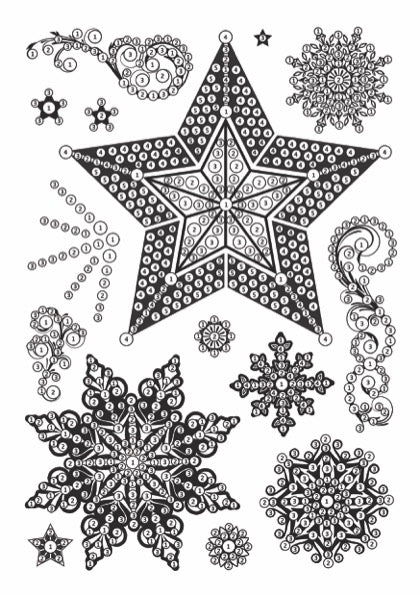 Black and white pattern of stars and snowflakes on a white background