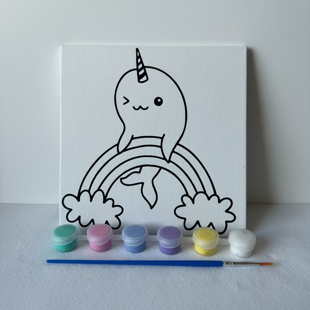 Canvas with a cartoon narwhal drawing on a rainbow, surrounded by paint containers against a colorful zigzag background.