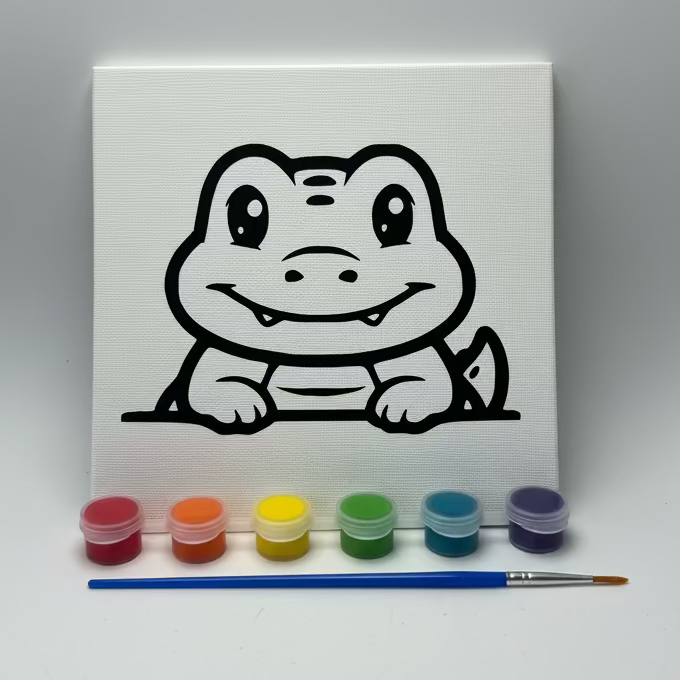 Canvas with a cartoon crocodile drawing, paint cans, and a brush. 