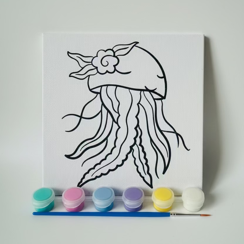 Canvas with a black jellyfish drawing, paint containers, and a brush. 