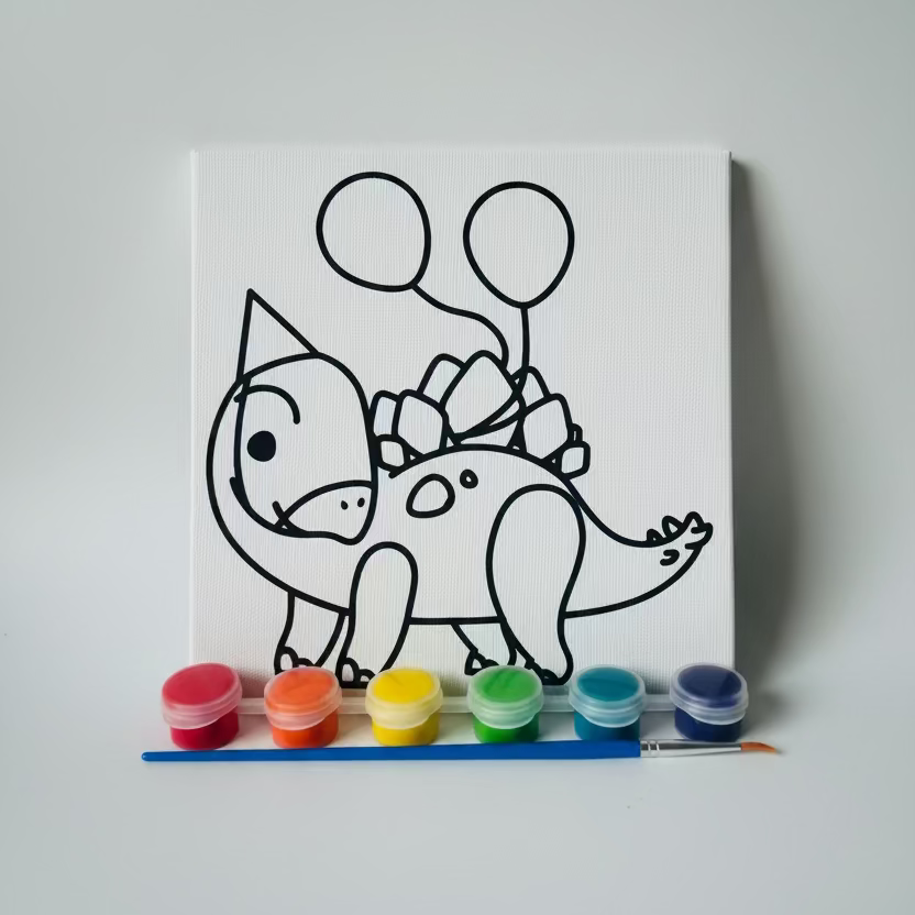Canvas with a black Dinosaur drawing, paint containers, and a brush. 