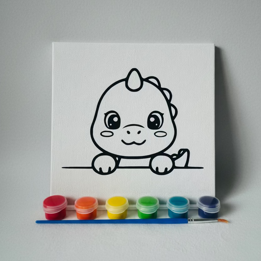 Canvas with a black cute dinosaur  drawing, paint containers, and a brush. 
