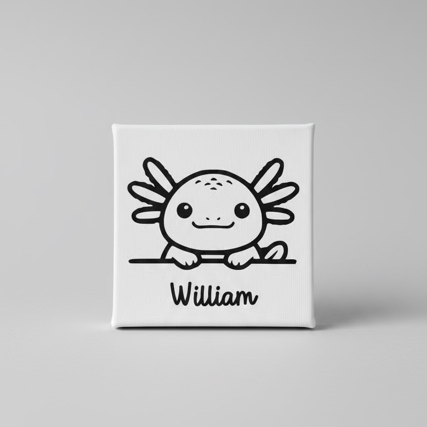 Illustration of a axolotl with 'William' text on a white background with colorful zigzag pattern
