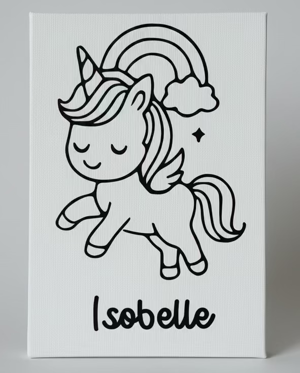 Canvas print with a black and white illustration of a unicorn and rainbow, featuring the name 'Isobelle'.