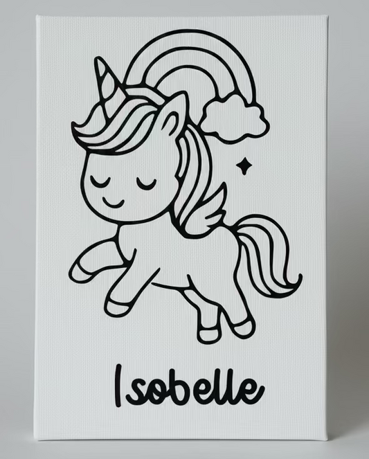 Canvas print with a black and white illustration of a unicorn and rainbow, featuring the name 'Isobelle'.