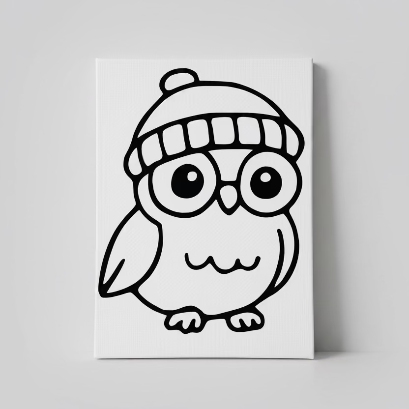 Cartoon owl with a beanie on a white background with colorful zigzag pattern