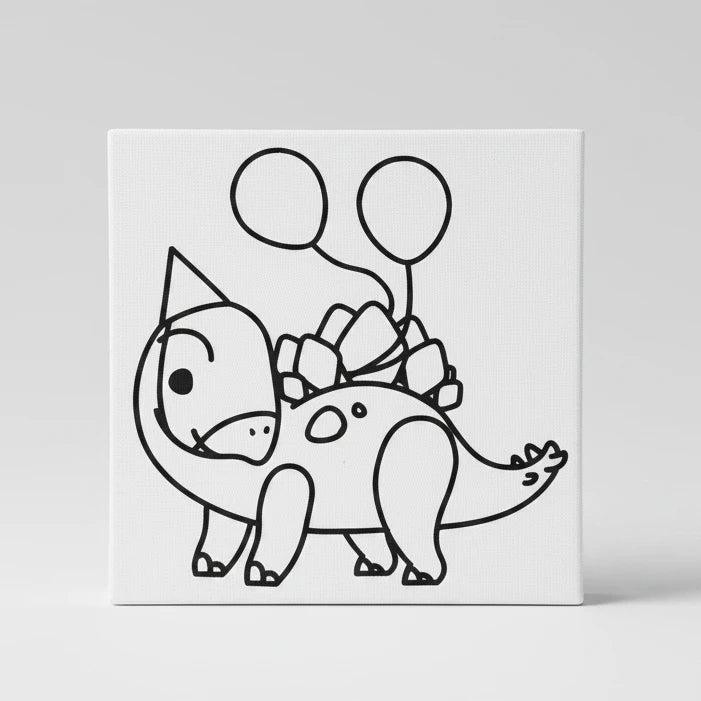 Black and white drawing of a dinosaur with balloons on a striped background