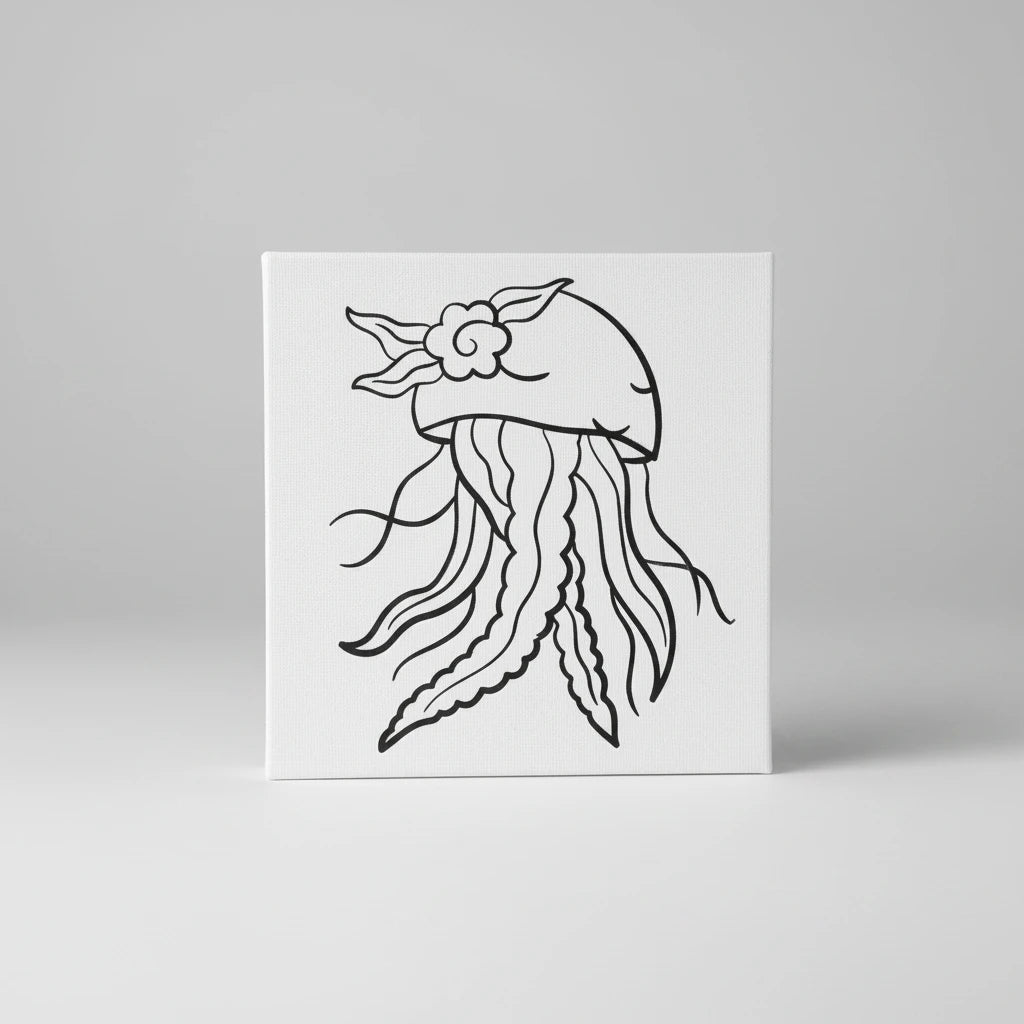 Black line drawing of a jellyfish on a white background with a colorful zigzag pattern.