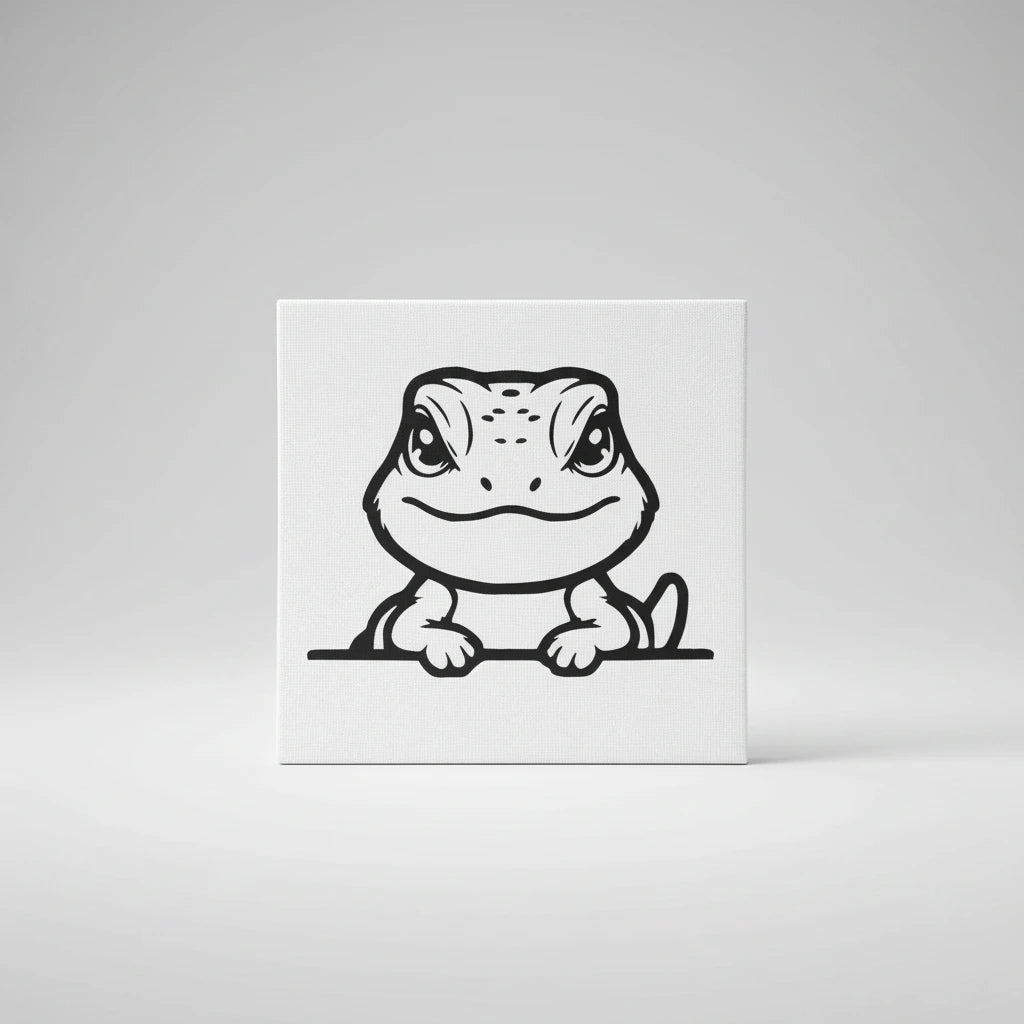 Black and white illustration of a lizard on a white background with colorful striped border