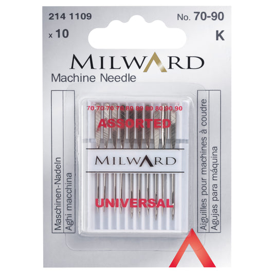 Packaging of Milward universal machine needles for sewing, with sizes 70-90, displayed in a clear plastic section.